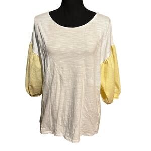 Orange Farm Yellow and White Puff Sleeve Top Women's M Medium